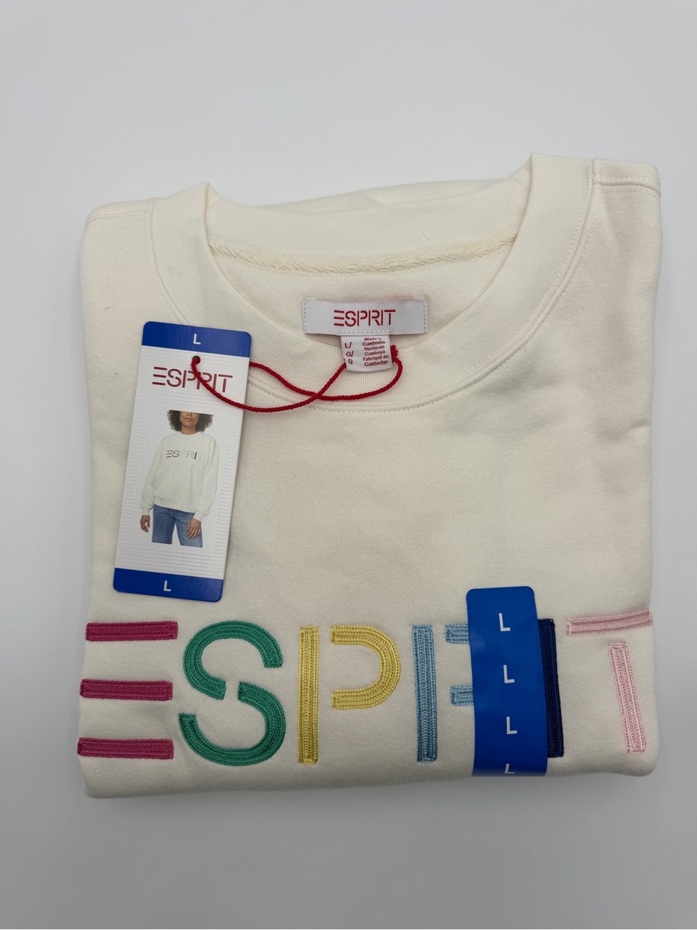 Esprit Logo Fleece Sweatshirt Crewneck Cream Viral 80’s Style Size L NWT